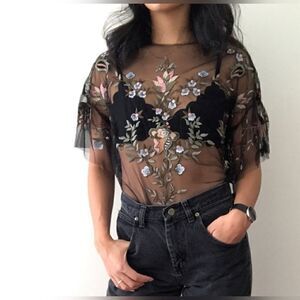 Zara Woman Black Floral Embroidered Tulle Blouse Womens Size Medium